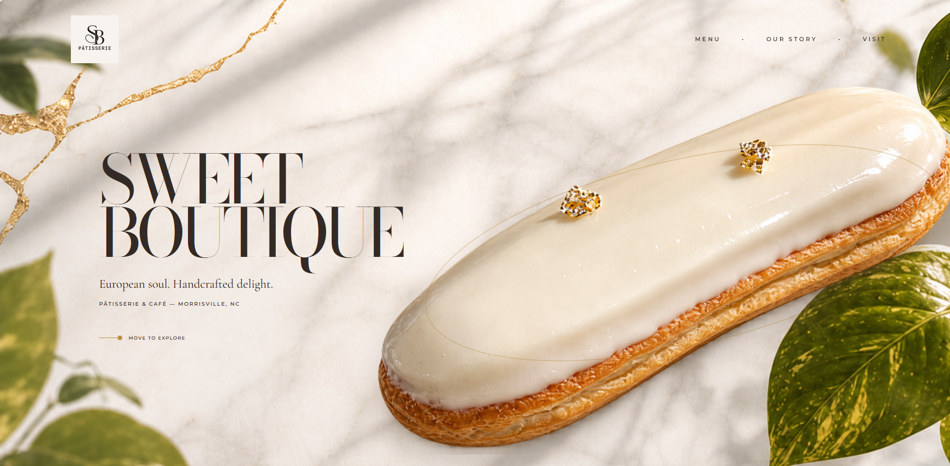 Sweet Boutique pâtisserie website concept with a glazed éclair on marble